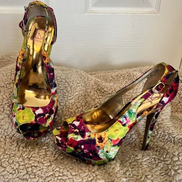 Material Girl Floral Print Open Toe‎ Stiletto Heel Buckle Platform Shoes Size 8 - Picture 2 of 8